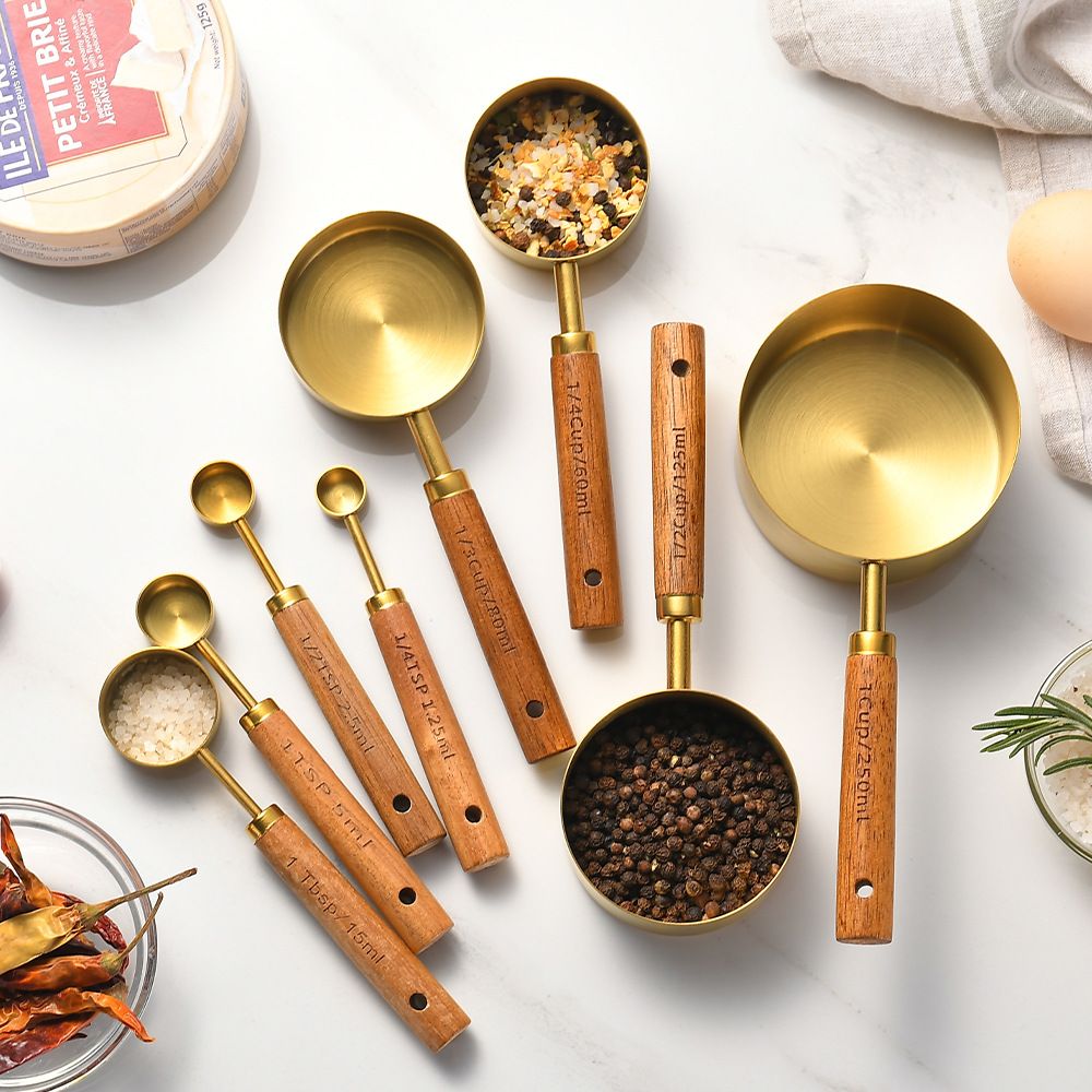 4pcs Measuring Spoon Set Wooden Handle Stainless Steel Measuring Cups Spoons Baking Tools Coffee Bartending Scale Kitchen Accessories