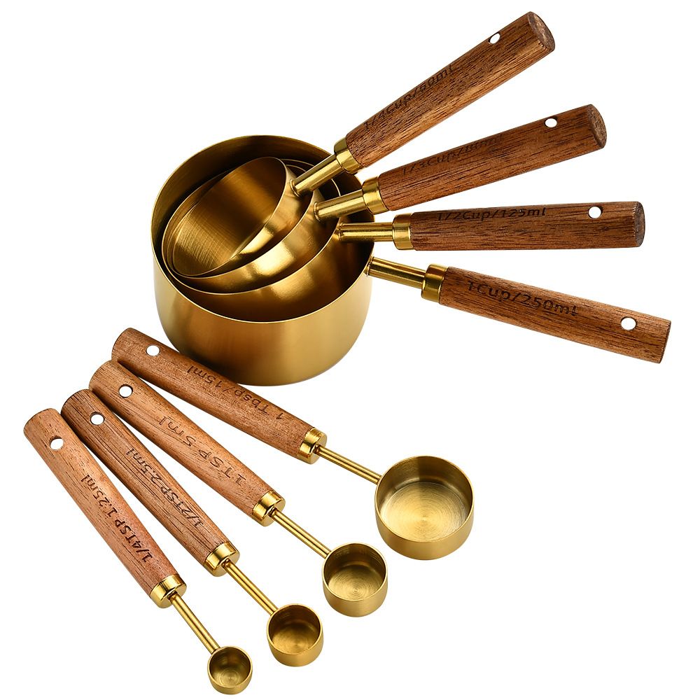 4pcs Measuring Spoon Set Wooden Handle Stainless Steel Measuring Cups Spoons Baking Tools Coffee Bartending Scale Kitchen Accessories