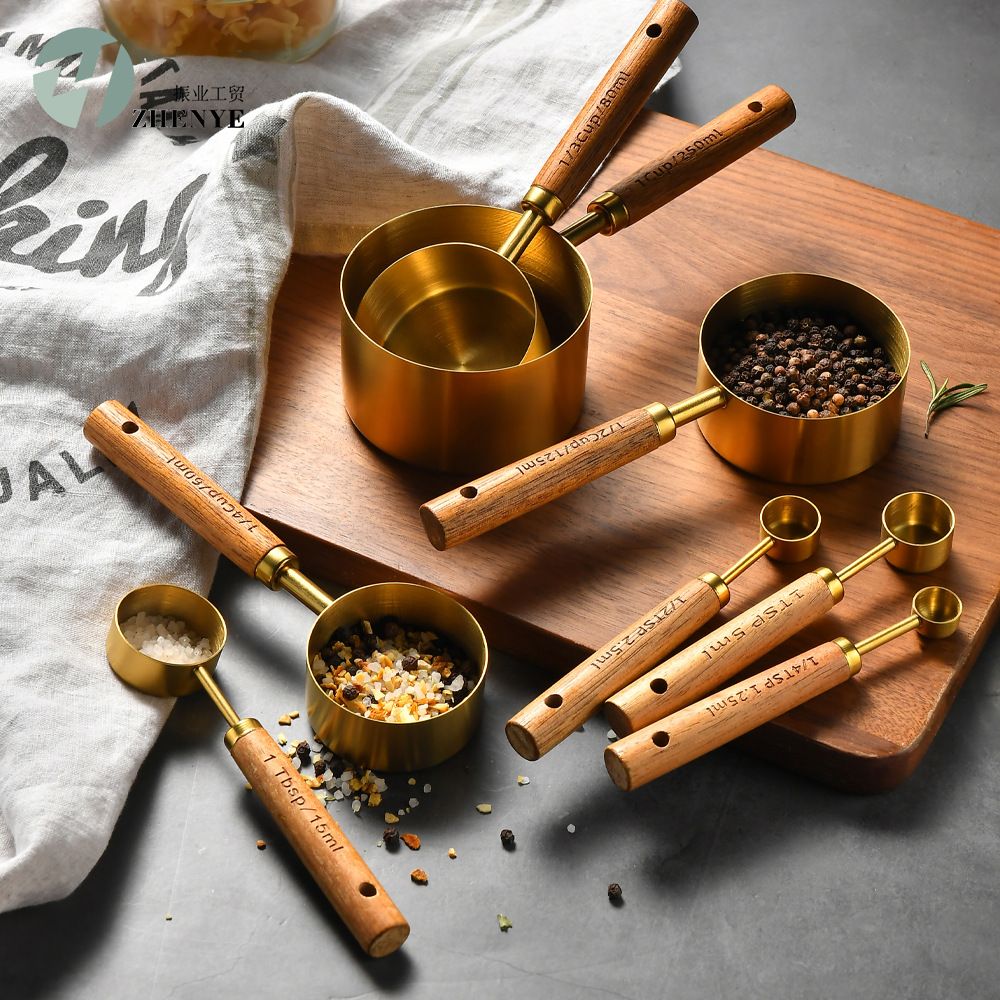 4pcs Measuring Spoon Set Wooden Handle Stainless Steel Measuring Cups Spoons Baking Tools Coffee Bartending Scale Kitchen Accessories