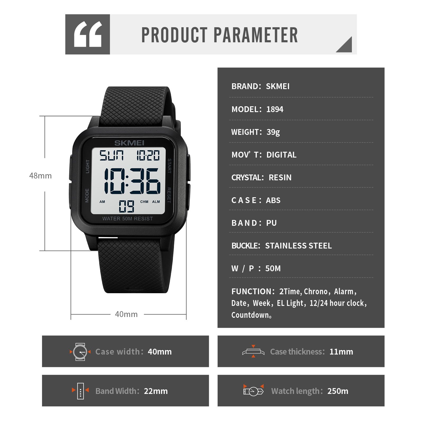 SKME 1894I Japan Digital movement Mens Sport Watches Military Countdown Alarm Clock 5Bar Waterproof LED Light Wristwatch
