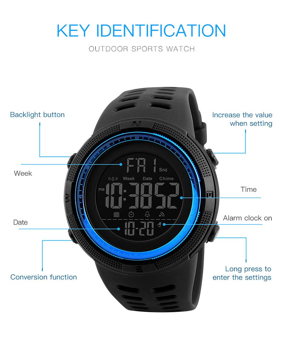 SKMEI 1251 Waterproof Digital Watch for Men Sport Countdown Electronic Wristwatches Mens Military LED Clock