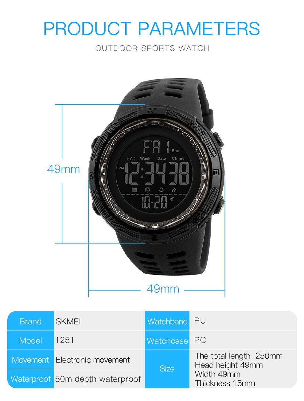 SKMEI 1251 Waterproof Digital Watch for Men Sport Countdown Electronic Wristwatches Mens Military LED Clock