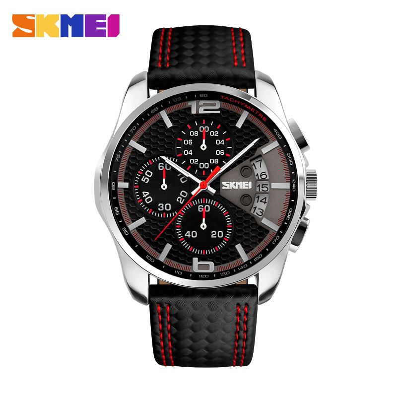 SKMEI 9106 Waterproof Quartz Sport Watch for Men Luxury Leather Date Calendar Stopwatch Wristwatches Mens Shockproof Clock
