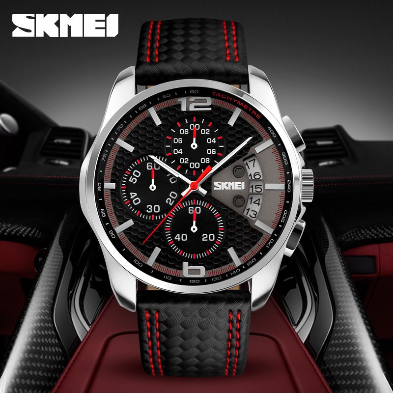 SKMEI 9106 Waterproof Quartz Sport Watch for Men Luxury Leather Date Calendar Stopwatch Wristwatches Mens Shockproof Clock