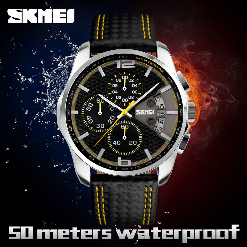 SKMEI 9106 Waterproof Quartz Sport Watch for Men Luxury Leather Date Calendar Stopwatch Wristwatches Mens Shockproof Clock