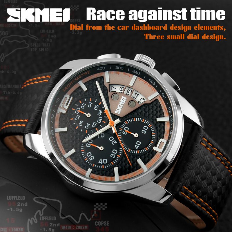 SKMEI 9106 Waterproof Quartz Sport Watch for Men Luxury Leather Date Calendar Stopwatch Wristwatches Mens Shockproof Clock