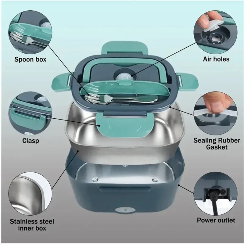 1.5L 220V 60W Stainless Steel Electric Heating Lunch Box Plug School Office Home/Car Use Picnic Portable Food Warmer Container Heater With Lunch Box Bag