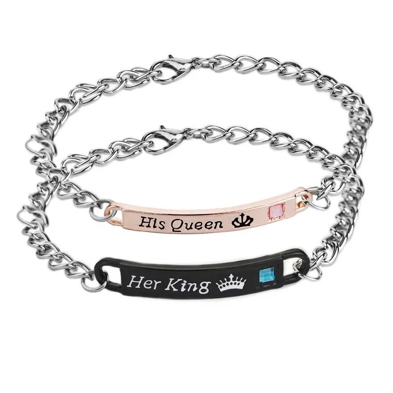 2pcs Fashion Couple Chain Bracelets Her King and His Queen Bracelet Creative Bracelets for Men Women Couple Jewelry Party Anniversary Gift