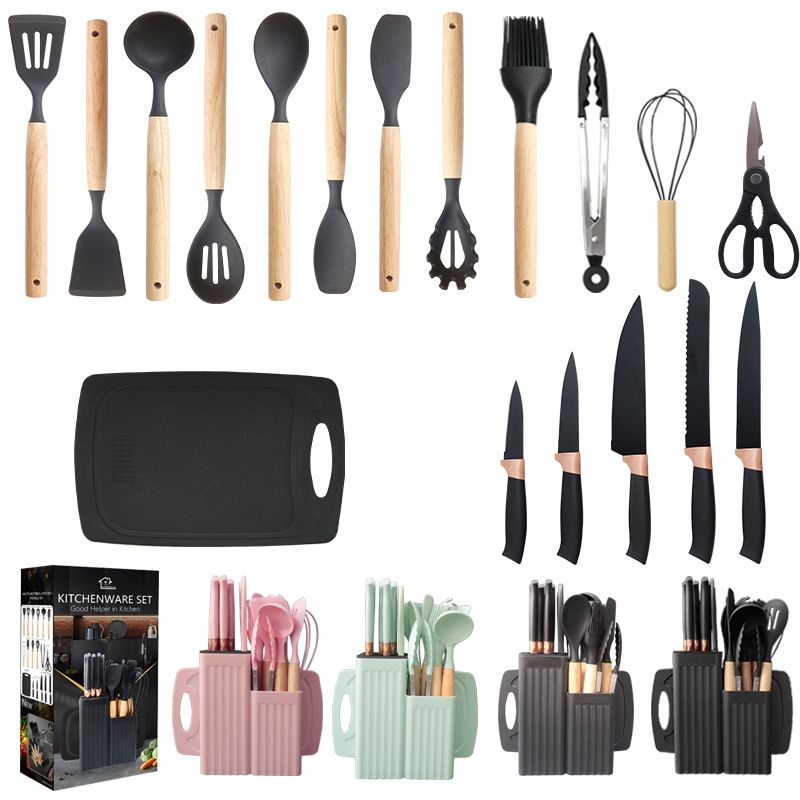 12Pcs/19PCS Set Wooden Handle Silicone Kitchen Utensils High Quality  Silicone Kitchen Utensils Non-stick Pan Cooking Spatula Baking Storage Tool
