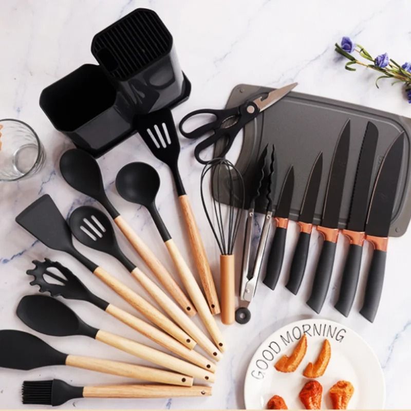 12Pcs/19PCS Set Wooden Handle Silicone Kitchen Utensils High Quality  Silicone Kitchen Utensils Non-stick Pan Cooking Spatula Baking Storage Tool