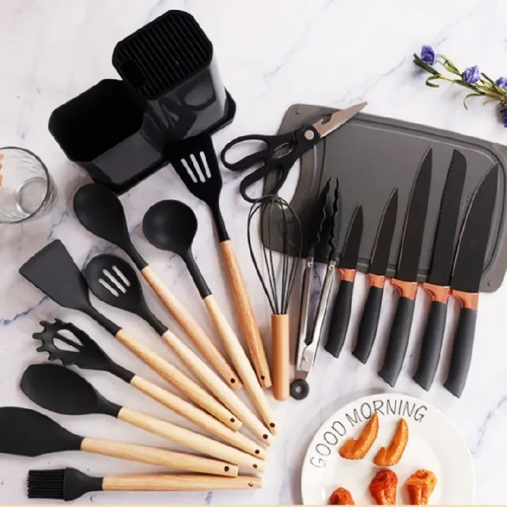 19Pcs/12PCS Set Wooden Handle Silicone Kitchen Utensils High Quality  Silicone Kitchen Utensils Non-stick Pan Cooking Spatula Baking Storage Tool