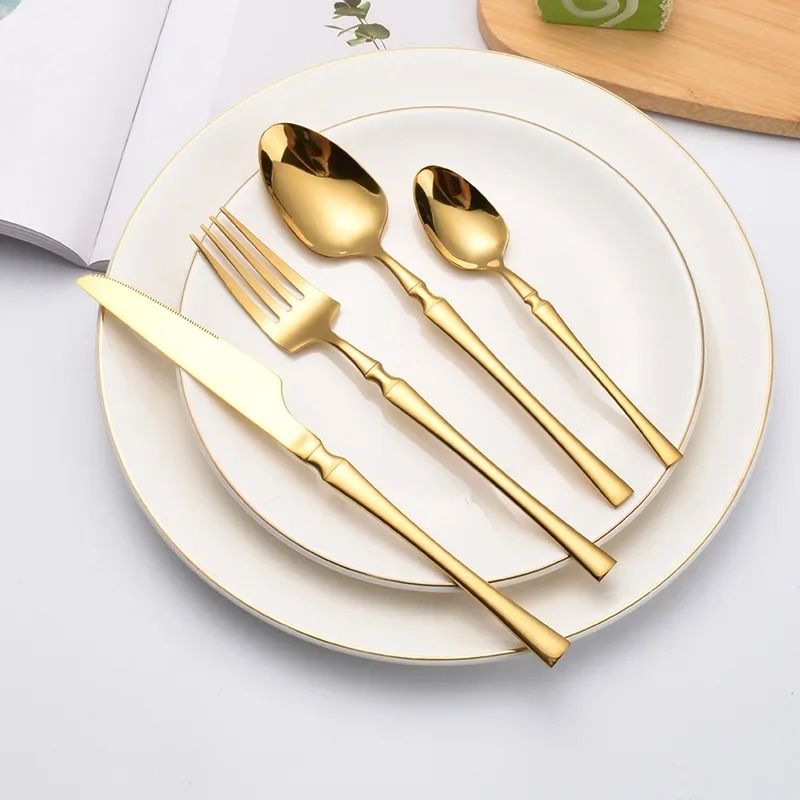 24pcs Gold Dinnerware Set Stainless Steel Steak Knife Fork Coffee Spoon Teaspoon  Flatware Sets Dishwasher Safe Kitchen Tableware