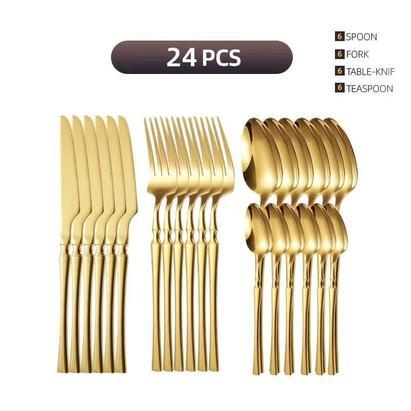 24pcs Gold Dinnerware Set Stainless Steel Steak Knife Fork Coffee Spoon Teaspoon  Flatware Sets Dishwasher Safe Kitchen Tableware