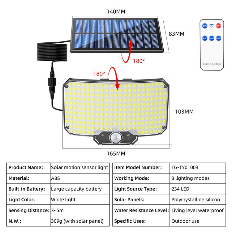 216LEDS Solar Light Outdoor Waterproof With Motion Sensor Floodlight Remote Control 3 Modes For Porch Patio Garage Backyard