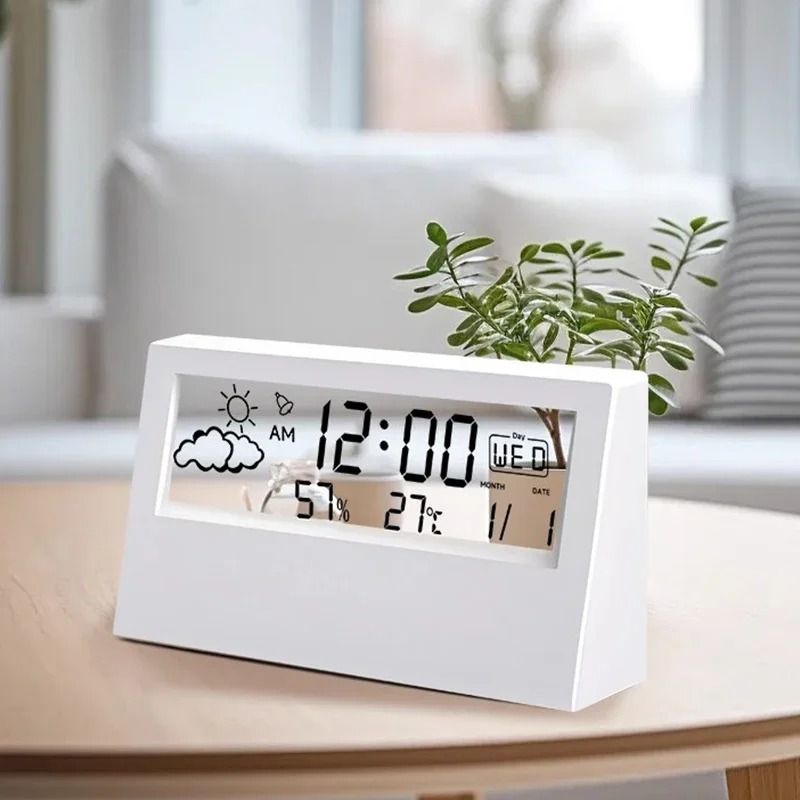 LCD Desktop Alarm Clock Transparent Calendar Weather Indoor Home Thermometers Digital Temperature Humidity Display Home Appliance Smart Life