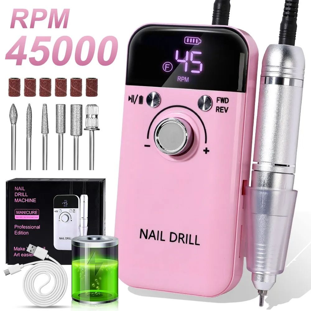 45000 RPM Electric Nail Drill Machine Rechargeable Nails Electric File For Acrylic Gel Removing & Polishing Gel for Home/Salon Nail Care Tool Manicure Pedicure  Nail Art Equipment