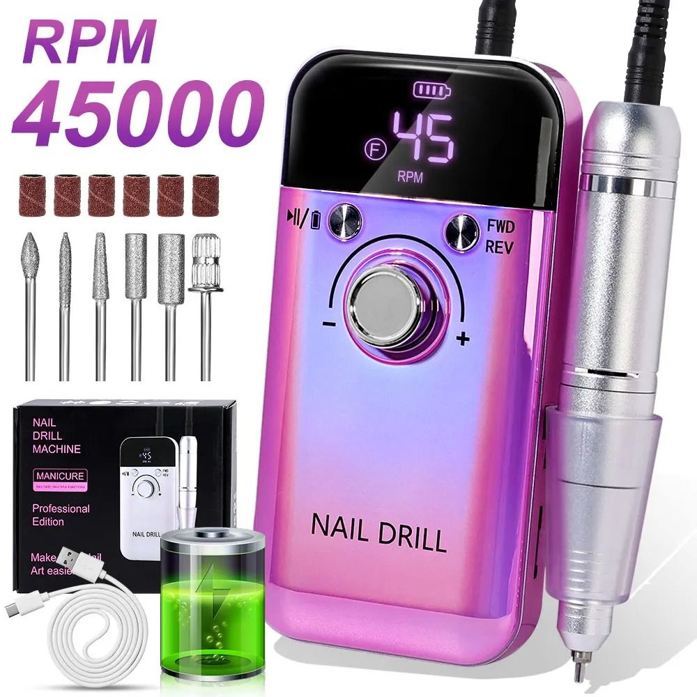 45000 RPM Electric Nail Drill Machine Rechargeable Nails Electric File For Acrylic Gel Removing & Polishing Gel for Home/Salon Nail Care Tool Manicure Pedicure  Nail Art Equipment