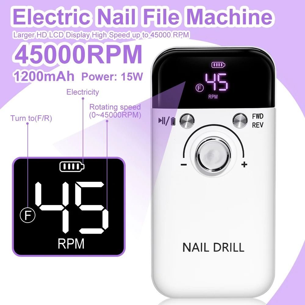 45000 RPM Electric Nail Drill Machine Rechargeable Nails Electric File For Acrylic Gel Removing & Polishing Gel for Home/Salon Nail Care Tool Manicure Pedicure  Nail Art Equipment