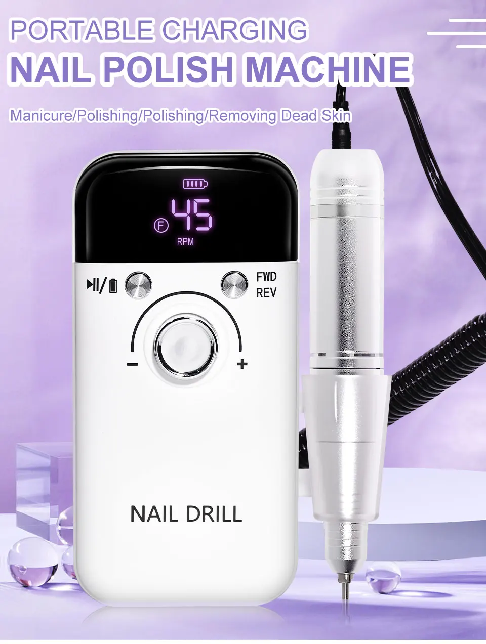 45000 RPM Electric Nail Drill Machine Rechargeable Nails Electric File For Acrylic Gel Removing & Polishing Gel for Home/Salon Nail Care Tool Manicure Pedicure  Nail Art Equipment