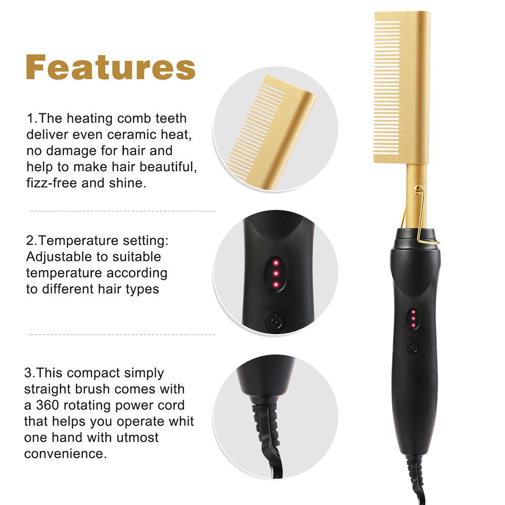 3 In1 Electric Hot Comb Hair Straightener - Heat Pressing Combs, Ceramic Hair Straightening Comb, Curling Iron for Natural Black Hair Men Beard or Holiday Gift