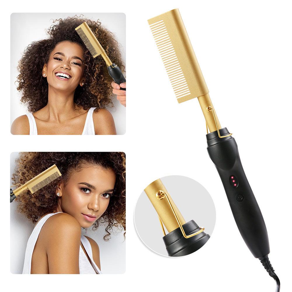 3 In1 Electric Hot Comb Hair Straightener - Heat Pressing Combs, Ceramic Hair Straightening Comb, Curling Iron for Natural Black Hair Men Beard or Holiday Gift