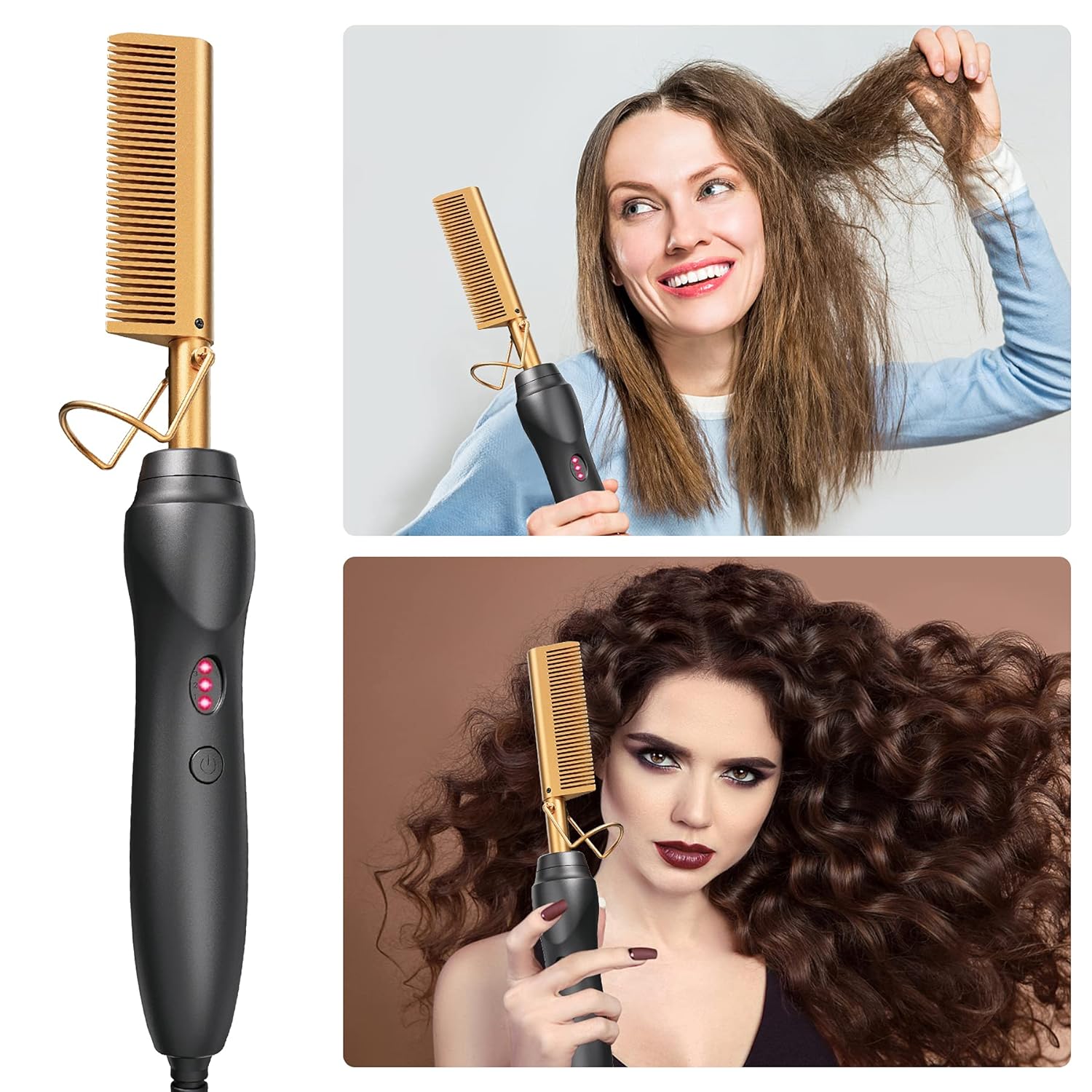 3 In1 Electric Hot Comb Hair Straightener - Heat Pressing Combs, Ceramic Hair Straightening Comb, Curling Iron for Natural Black Hair Men Beard or Holiday Gift