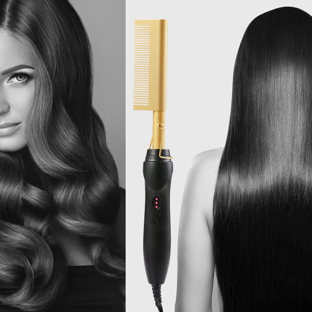 3 In1 Electric Hot Comb Hair Straightener - Heat Pressing Combs, Ceramic Hair Straightening Comb, Curling Iron for Natural Black Hair Men Beard or Holiday Gift