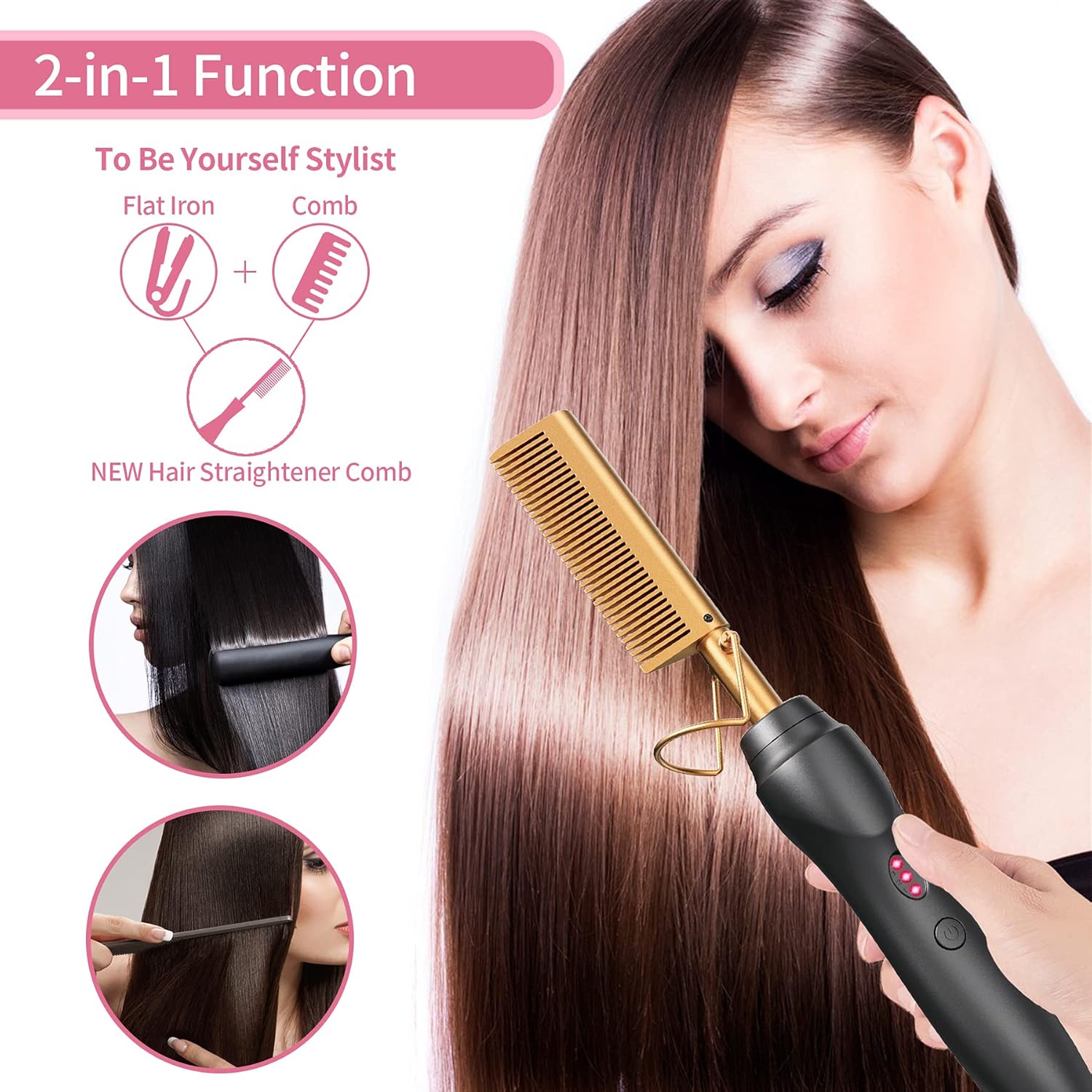3 In1 Electric Hot Comb Hair Straightener - Heat Pressing Combs, Ceramic Hair Straightening Comb, Curling Iron for Natural Black Hair Men Beard or Holiday Gift