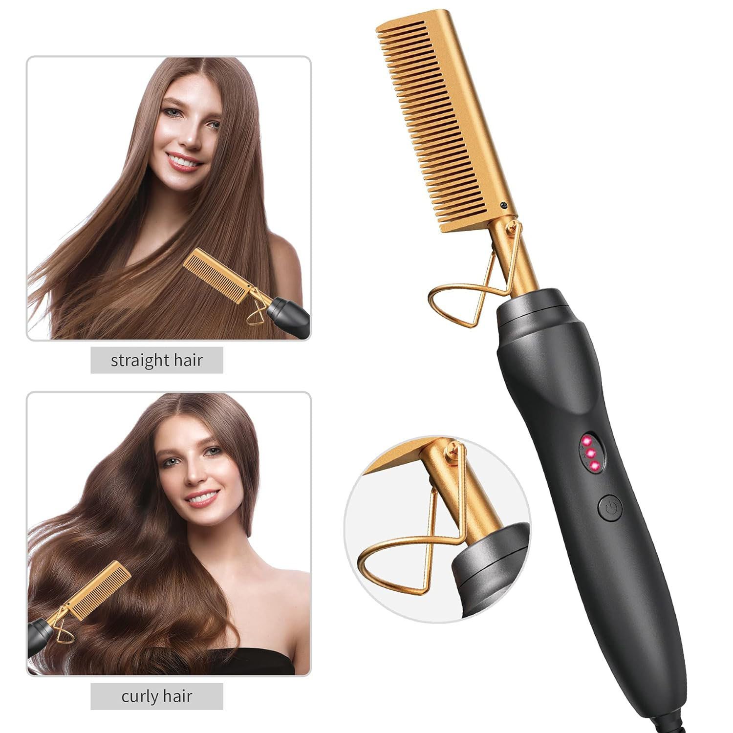 3 In1 Electric Hot Comb Hair Straightener - Heat Pressing Combs, Ceramic Hair Straightening Comb, Curling Iron for Natural Black Hair Men Beard or Holiday Gift  Gold