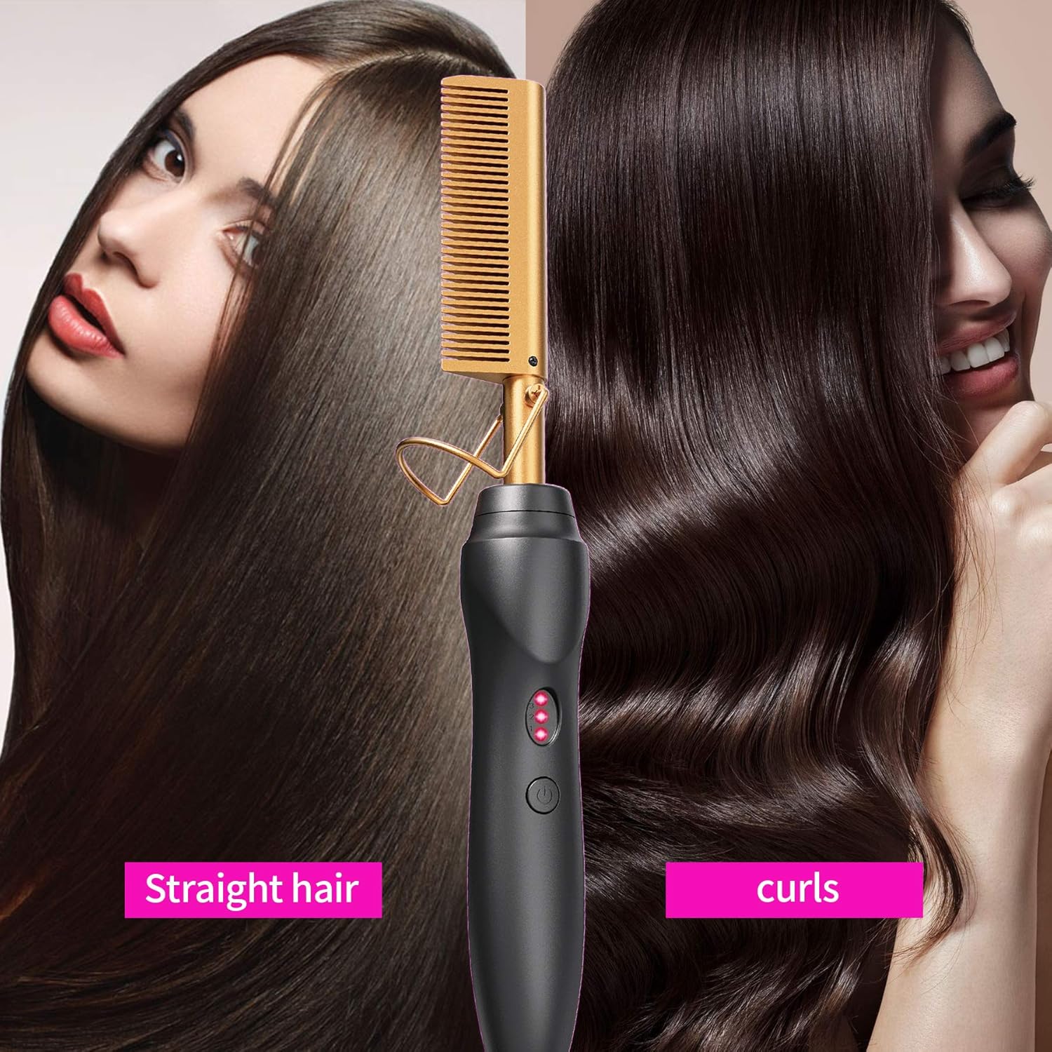 3 In1 Electric Hot Comb Hair Straightener - Heat Pressing Combs, Ceramic Hair Straightening Comb, Curling Iron for Natural Black Hair Men Beard or Holiday Gift