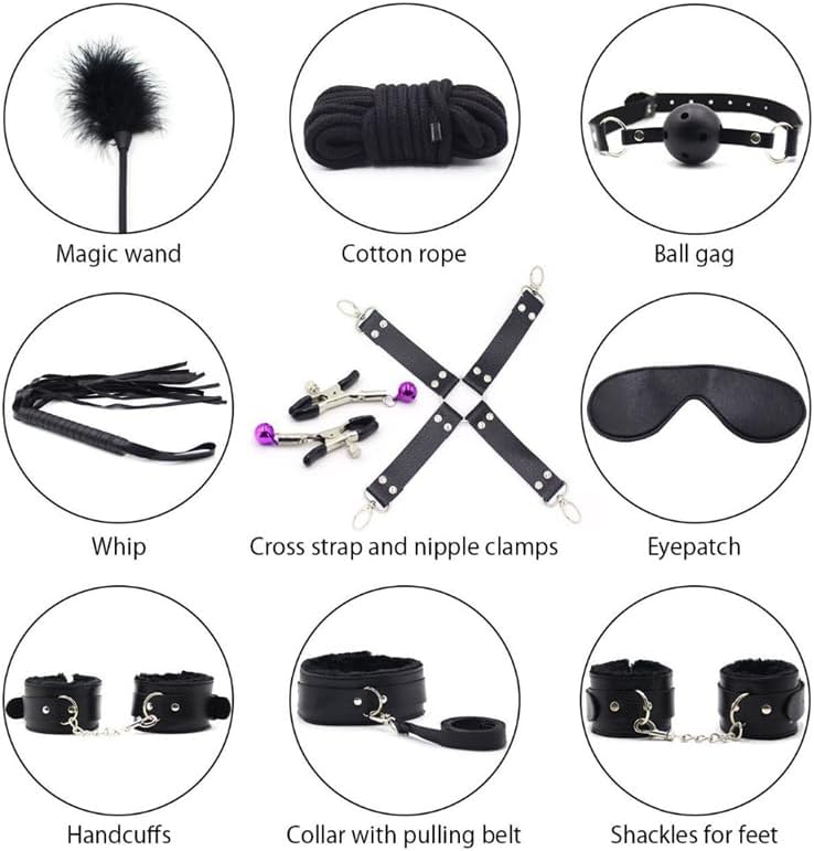 10 pcs BDSM Bondage Restraints Couples Sex Toys, Sex Toys Wrist to Thigh Ankle Cuffs BDSM Kit Removable, BDSM Toys Ball Gag Blindfold Sex Restraints, Adult Sex Toy for Women Coupl