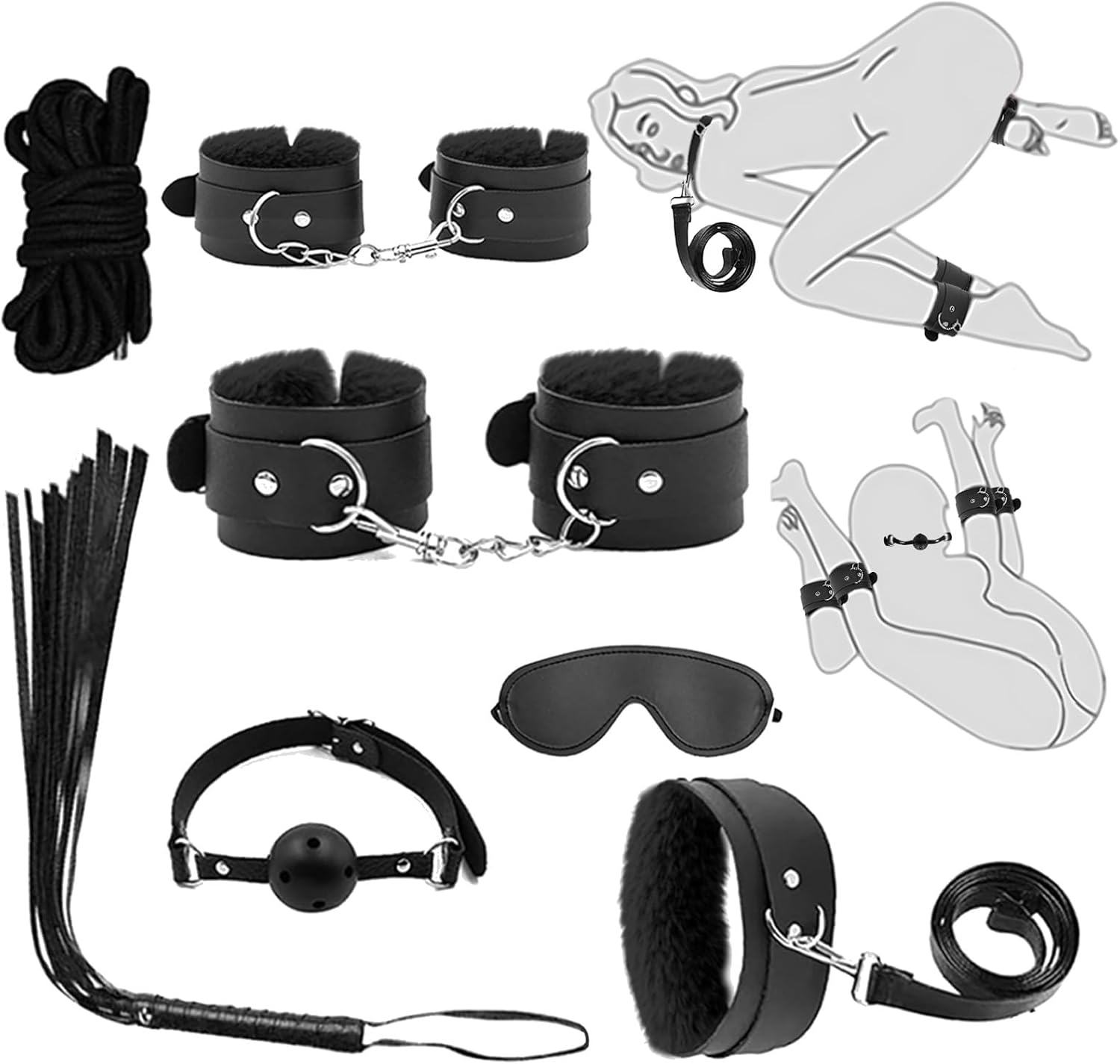 10 pcs BDSM Bondage Restraints Couples Sex Toys, Sex Toys Wrist to Thigh Ankle Cuffs BDSM Kit Removable, BDSM Toys Ball Gag Blindfold Sex Restraints, Adult Sex Toy for Women Coupl