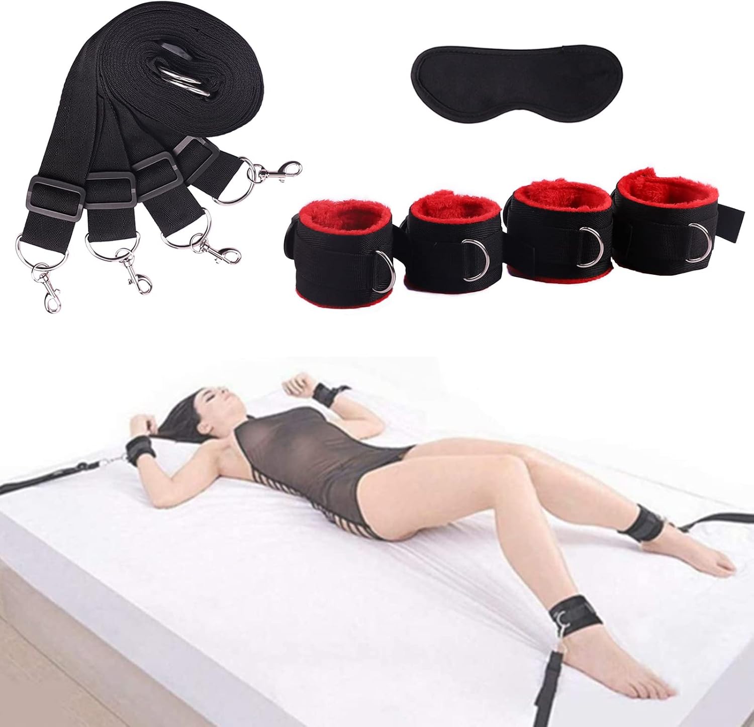 10 pcs BDSM Bondage Restraints Couples Sex Toys, Sex Toys Wrist to Thigh Ankle Cuffs BDSM Kit Removable, BDSM Toys Ball Gag Blindfold Sex Restraints, Adult Sex Toy for Women Coupl