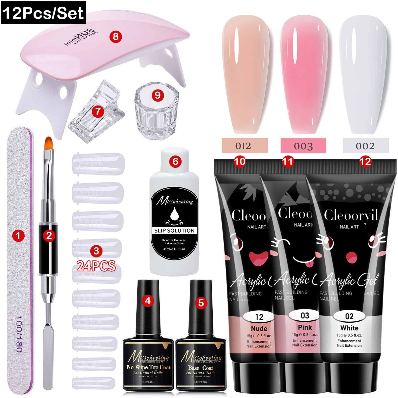 12pcs Poly Extension Gel Manicure Kit Poly Gel With Mini Nail Lamp Basic Coat Poly Gel Nail Art Kits for Starter Basic Coat Poly Gel Nail Art Kits for Starter  for Beginners Clear Pink White Nail Art