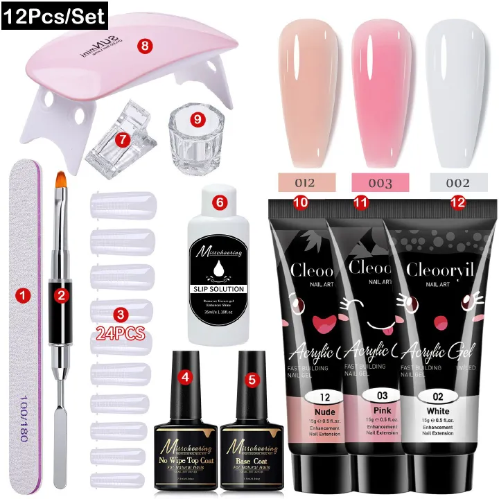 12pcs Poly Extension Gel Manicure Kit Poly Gel With Mini Nail Lamp Basic Coat Poly Gel Nail Art Kits for Starter Basic Coat Poly Gel Nail Art Kits for Starter  for Beginners Clear Pink White Nail Art