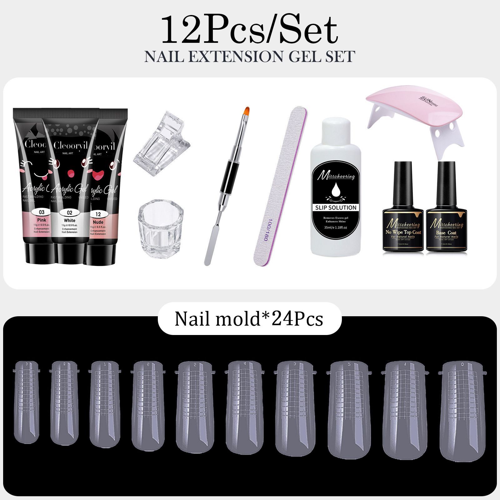 12pcs Poly Extension Gel Manicure Kit Poly Gel With Mini Nail Lamp Basic Coat Poly Gel Nail Art Kits for Starter Basic Coat Poly Gel Nail Art Kits for Starter  for Beginners Clear Pink White Nail Art