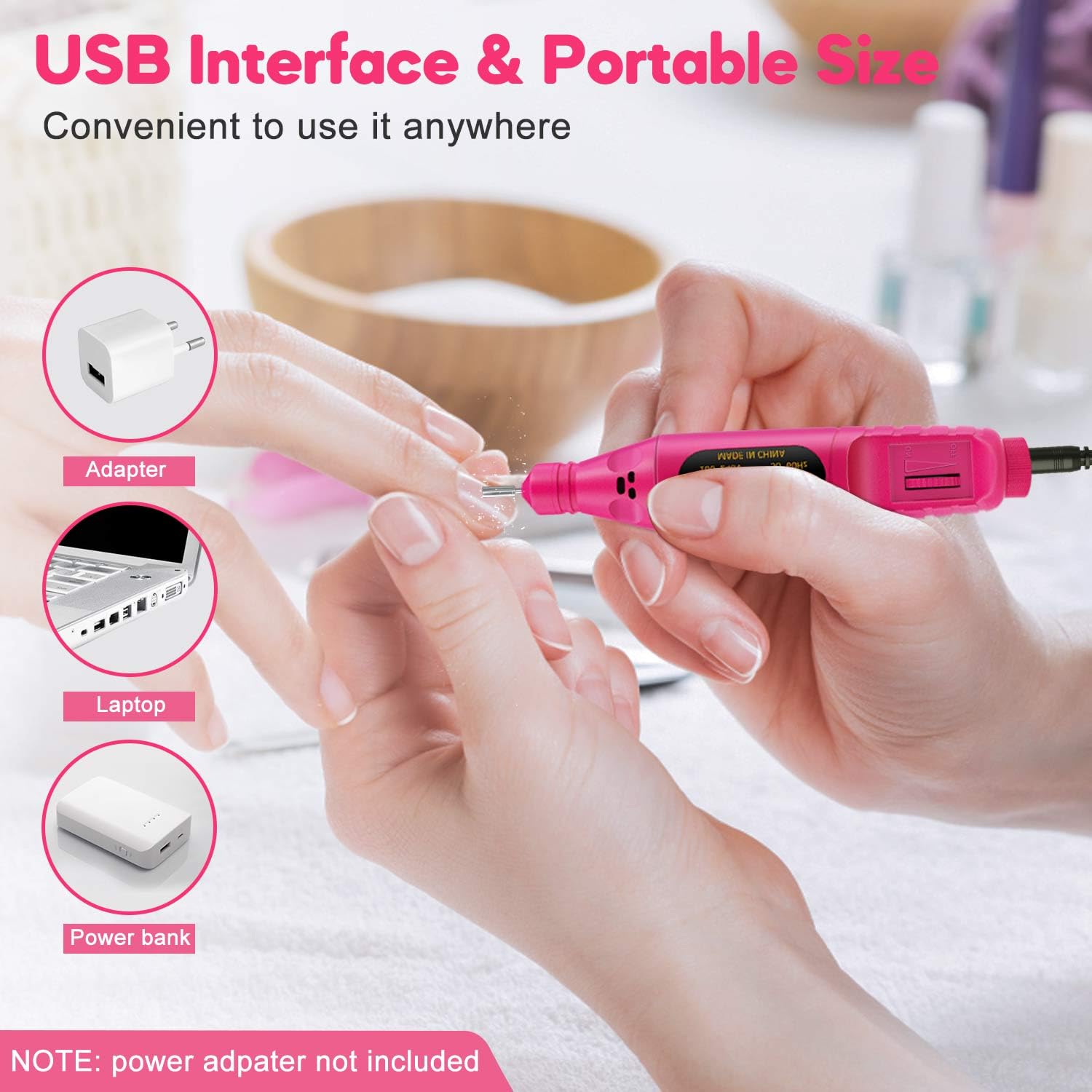 USB Electric Nail Drill,Portable Electric Nail Drill,Professional Nail File,YIMART Gel Nails Manicure Pedicure Polishing with 6Pcs Nail Drill Bits Nail Art Tools Kit Nail Drill Machine
