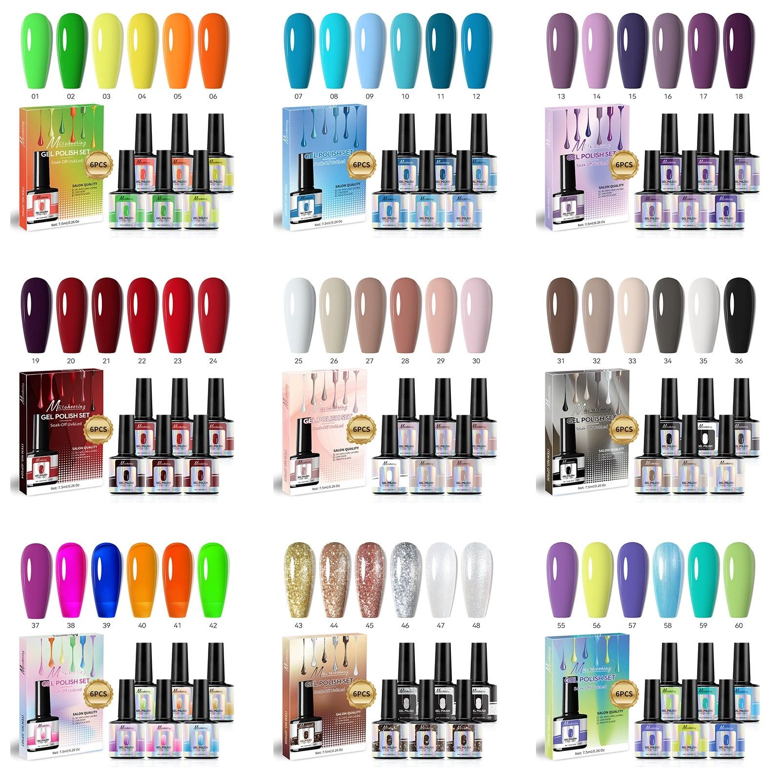 6 Colors Gel Nail Polish Kit Soak Off UV LED Nail Gel Nail Polish Set Gel Nails Gift Set for Home and Nail Art Salon