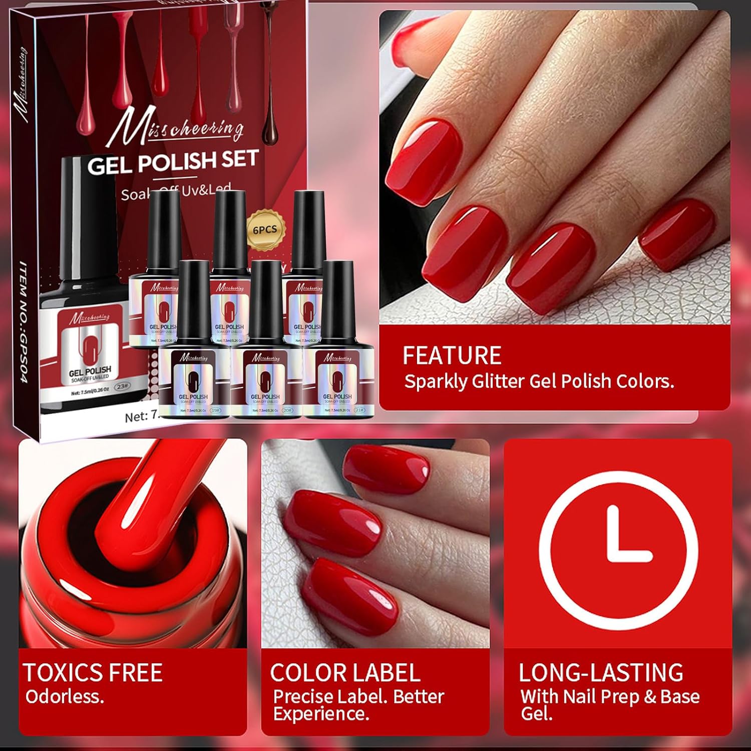 6 Colors Gel Nail Polish Kit Soak Off UV LED Nail Gel Nail Polish Set Gel Nails Gift Set for Home and Nail Art Salon