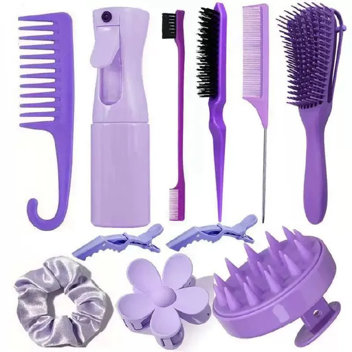 11Pcs Hair Brush Set with Continuous Hair Spray Bottle for Women, Rat Tail Combs for Toddlers, Soft Scalp Massager, Detangling Hairbrush for Wet Dry Curly Hair