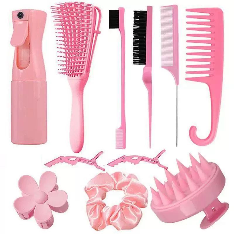 11Pcs Hair Brush Set with Continuous Hair Spray Bottle for Women, Rat Tail Combs for Toddlers, Soft Scalp Massager, Detangling Hairbrush for Wet Dry Curly Hair