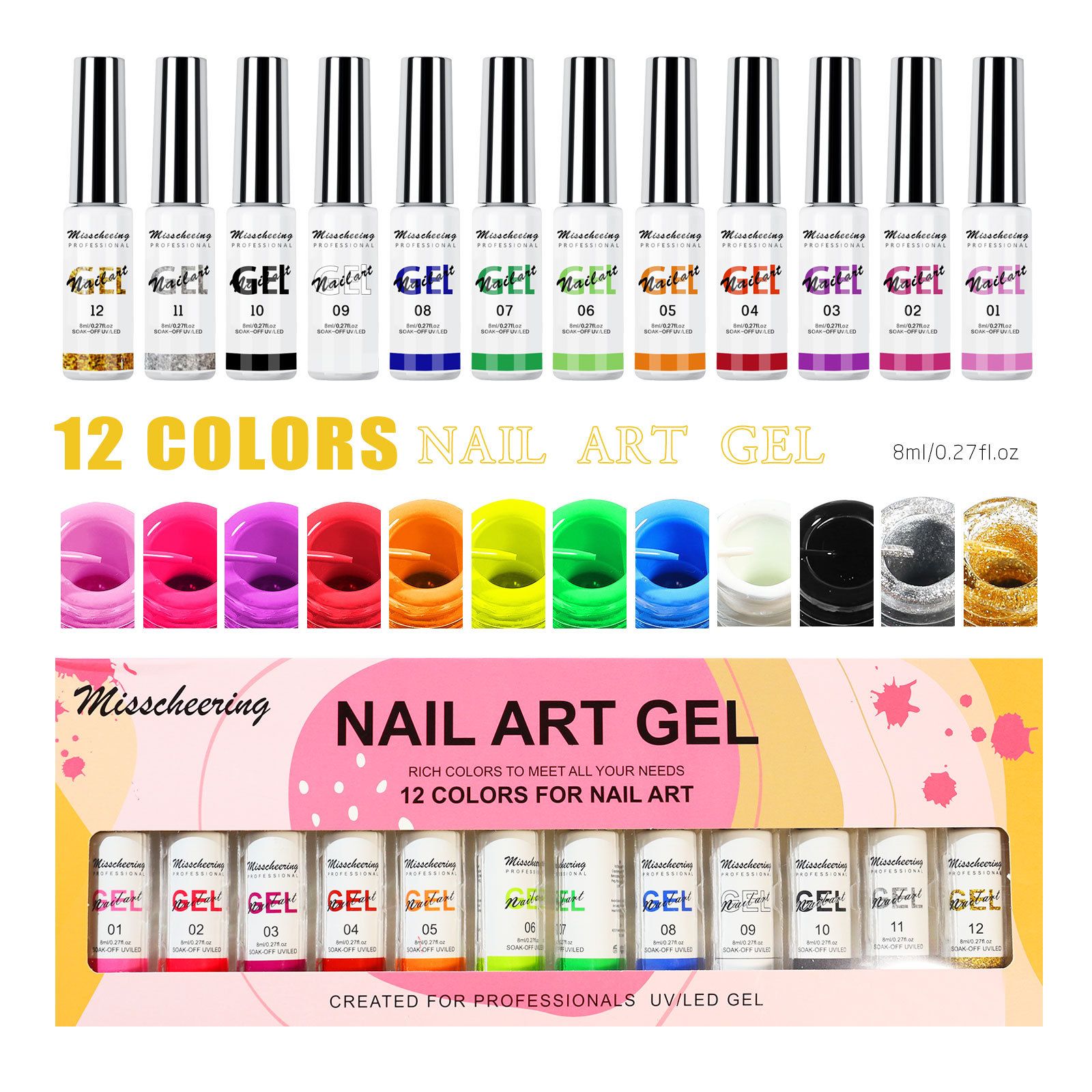 Painted Gel Nail Polish Set, Line Art Gel 12 Colors Neon Pink Yellow Green Glitter Silver Gold Nail Art Painting Manicure Tools DIY Drawing NailGel