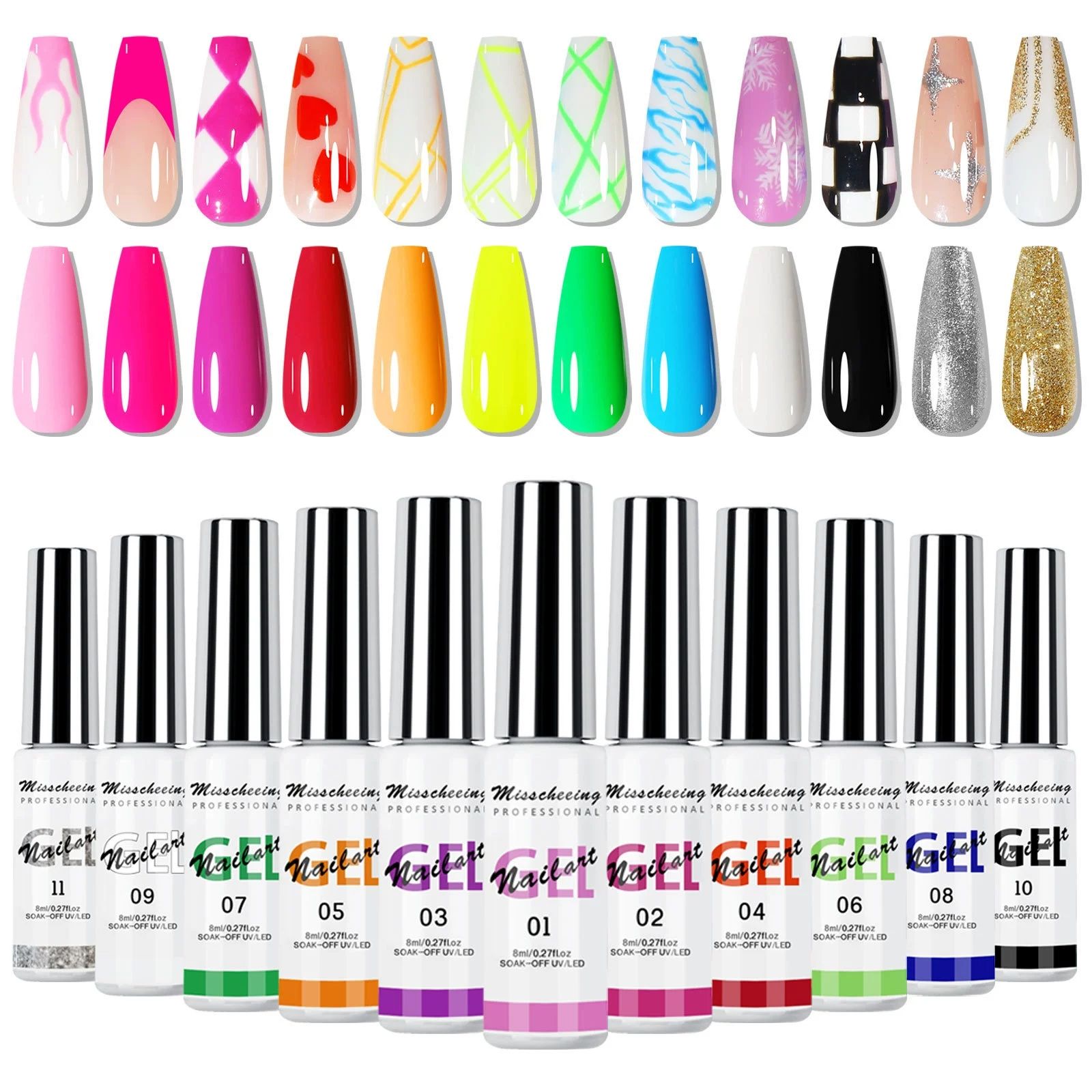 Painted Gel Nail Polish Set, Line Art Gel 12 Colors Neon Pink Yellow Green Glitter Silver Gold Nail Art Painting Manicure Tools DIY Drawing NailGel