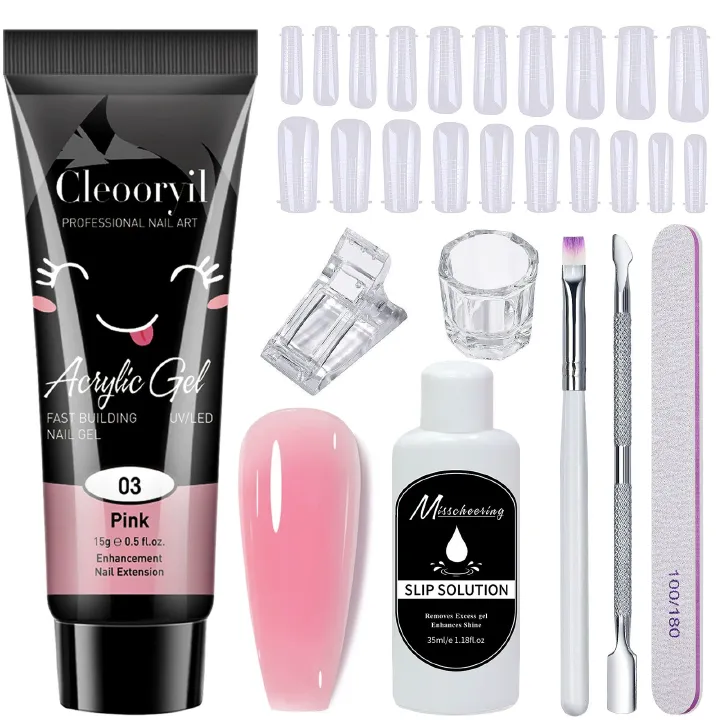 8pcs Poly Extension Gel Manicure Kit Poly Gel  Basic Coat Poly Gel Nail Art Kits for Starter Basic Coat Poly Gel Nail Art Kits for Starter for Beginners Clear Pink Nail Art