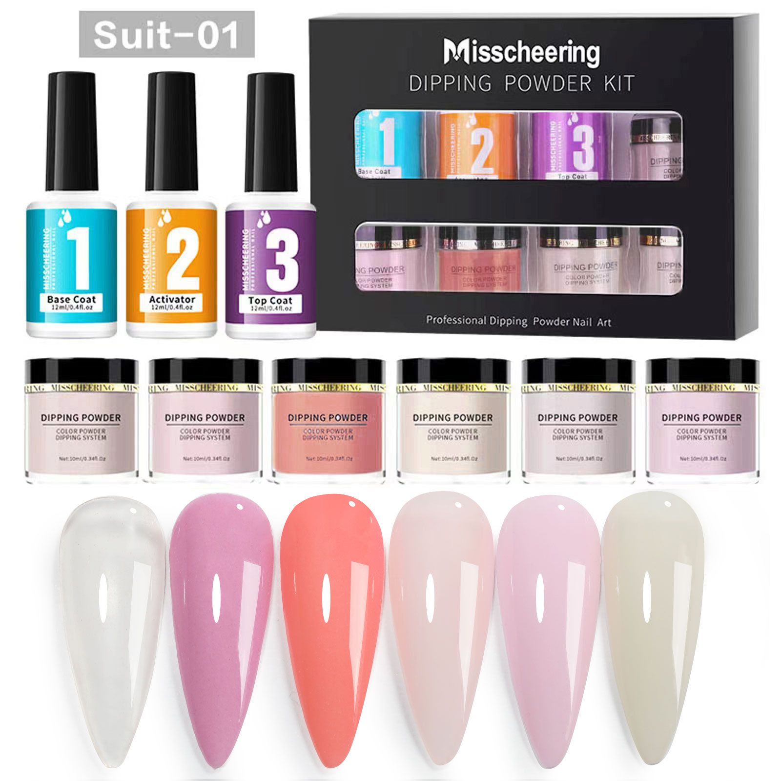 6 Colors Dipping Powder Set Dip Powder Nail Art Starter Kit for DIY Salon No LED Nail Lamp Needed Nail Art Manicure with Base Coat Activator ,Like Gel Polish Effect,Even & Smooth Finishing Home Gift f