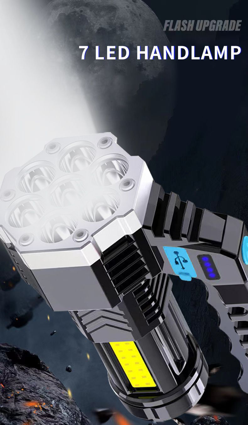 Flashlight, USB Rechargeable Torch, 7 LED Super Bright Outdoor Torch, Portable Sturdy Light, 4 Modes Adjustable Illumination, Camping Hiking Fishing Power Outage Night Use