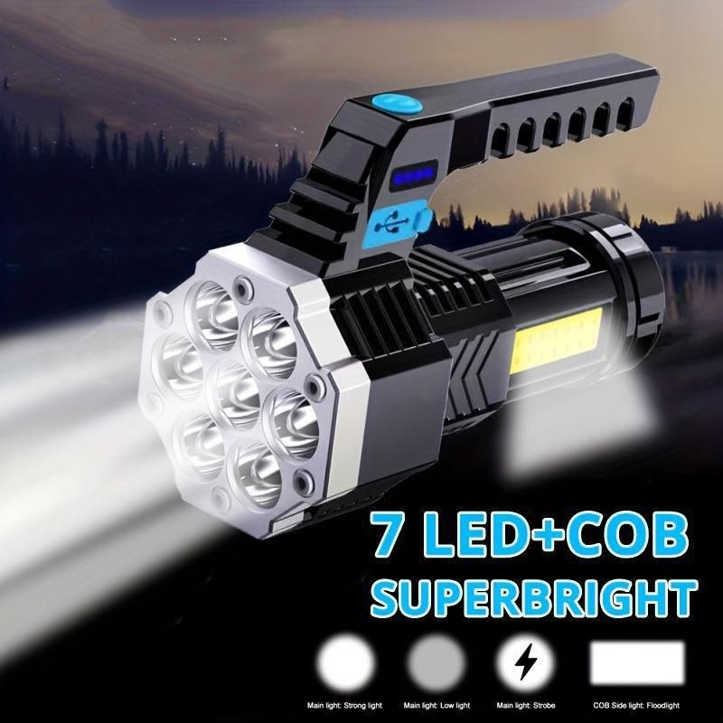 Flashlight, USB Rechargeable Torch, 7 LED Super Bright Outdoor Torch, Portable Sturdy Light, 4 Modes Adjustable Illumination, Camping Hiking Fishing Power Outage Night Use