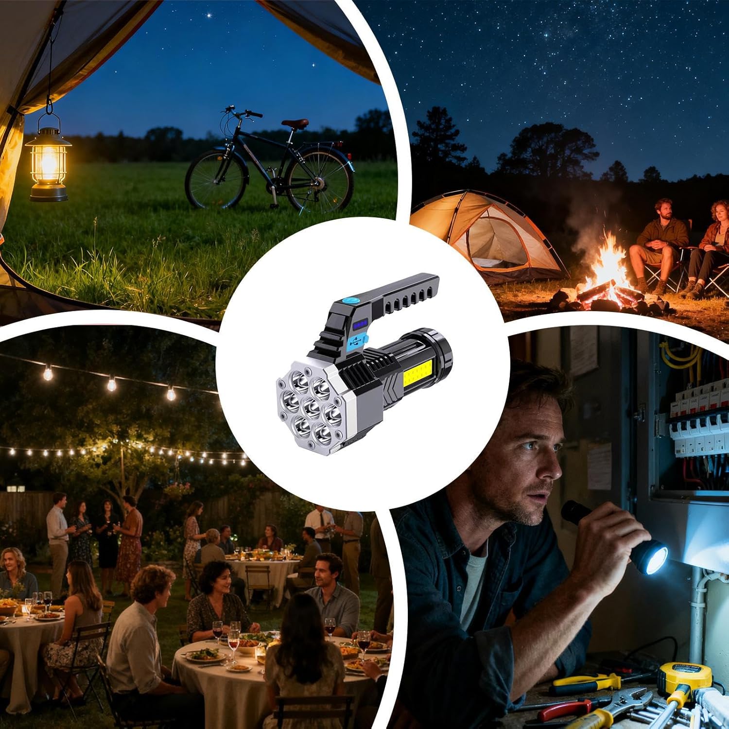 Flashlight, USB Rechargeable Torch, 7 LED Super Bright Outdoor Torch, Portable Sturdy Light, 4 Modes Adjustable Illumination, Camping Hiking Fishing Power Outage Night Use