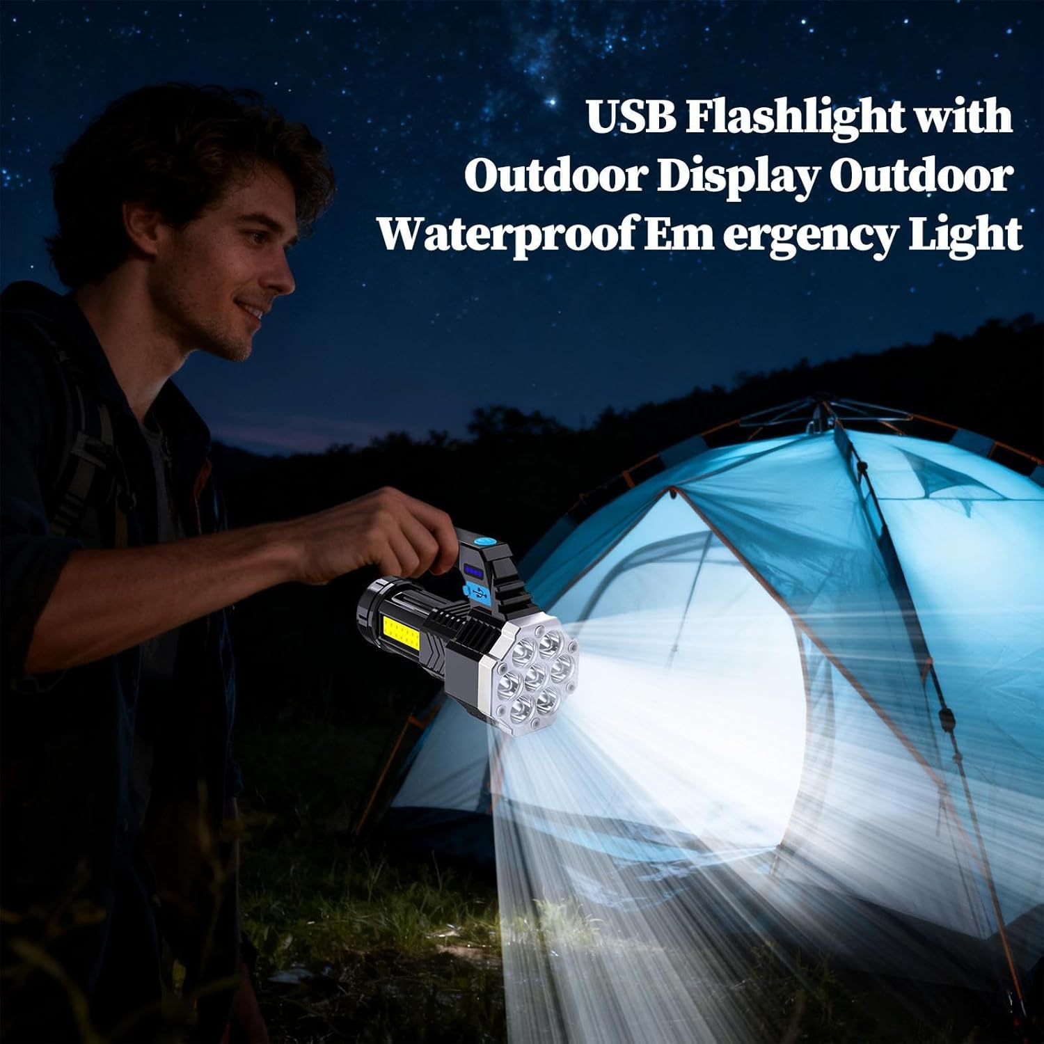 Flashlight, USB Rechargeable Torch, 7 LED Super Bright Outdoor Torch, Portable Sturdy Light, 4 Modes Adjustable Illumination, Camping Hiking Fishing Power Outage Night Use