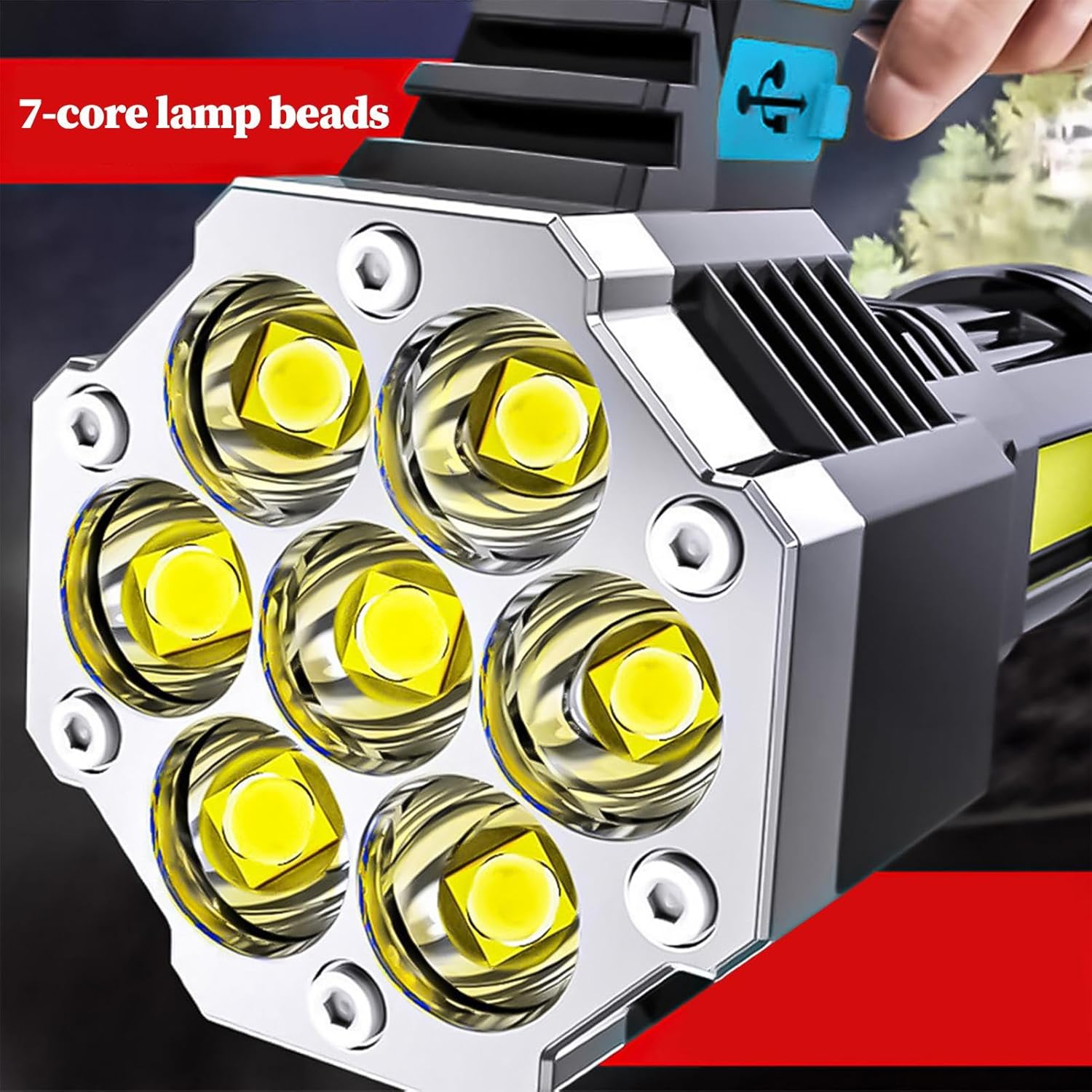 Flashlight, USB Rechargeable Torch, 7 LED Super Bright Outdoor Torch, Portable Sturdy Light, 4 Modes Adjustable Illumination, Camping Hiking Fishing Power Outage Night Use